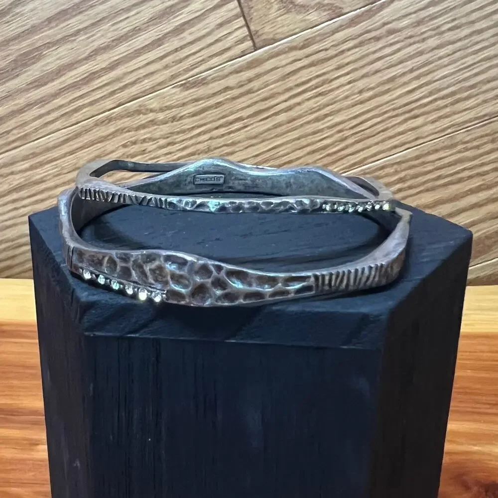 Chico's Hammered Metal Silver Tone Bangle Set 2 Pieces Crystals Accent Bracelets